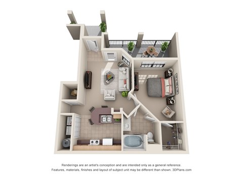 A 3D floor plan of a house with a kitchen, living room, and bathroom.